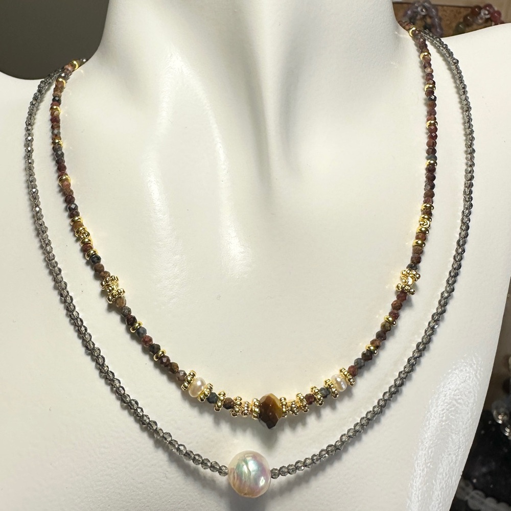 SOLD-2 - Multi-Gemstone Tiger Eye Pietersite Freshwater Pearl Necklaces